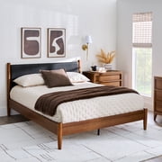 Better Homes & Gardens Greyson Queen Platform Bed, Black Faux Leather and Acorn Finish
