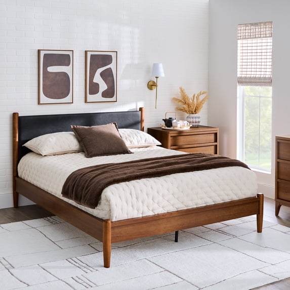 Better Homes & Gardens Greyson Queen Platform Bed, Black Faux Leather and Acorn Finish