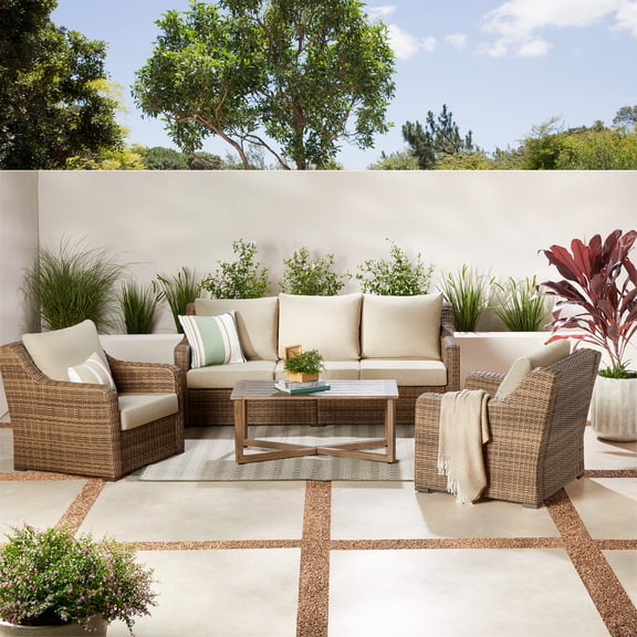 Better Homes & Gardens Hawthorne Park 4-Piece Outdoor Patio Conversation Set, Beige
