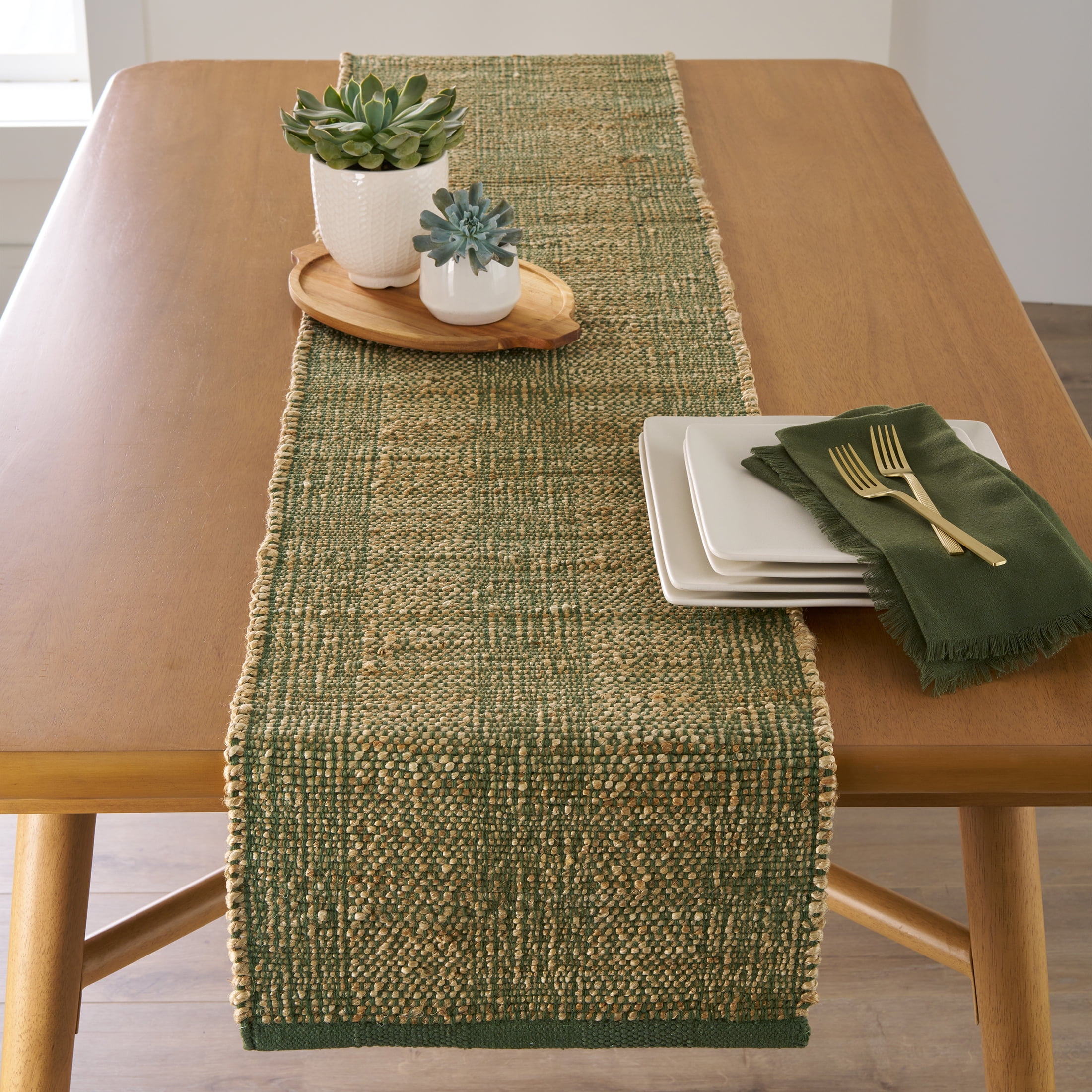 Better Homes & Gardens Jordan Jute Table Runner, Natural, Green, 14"W x 90"L