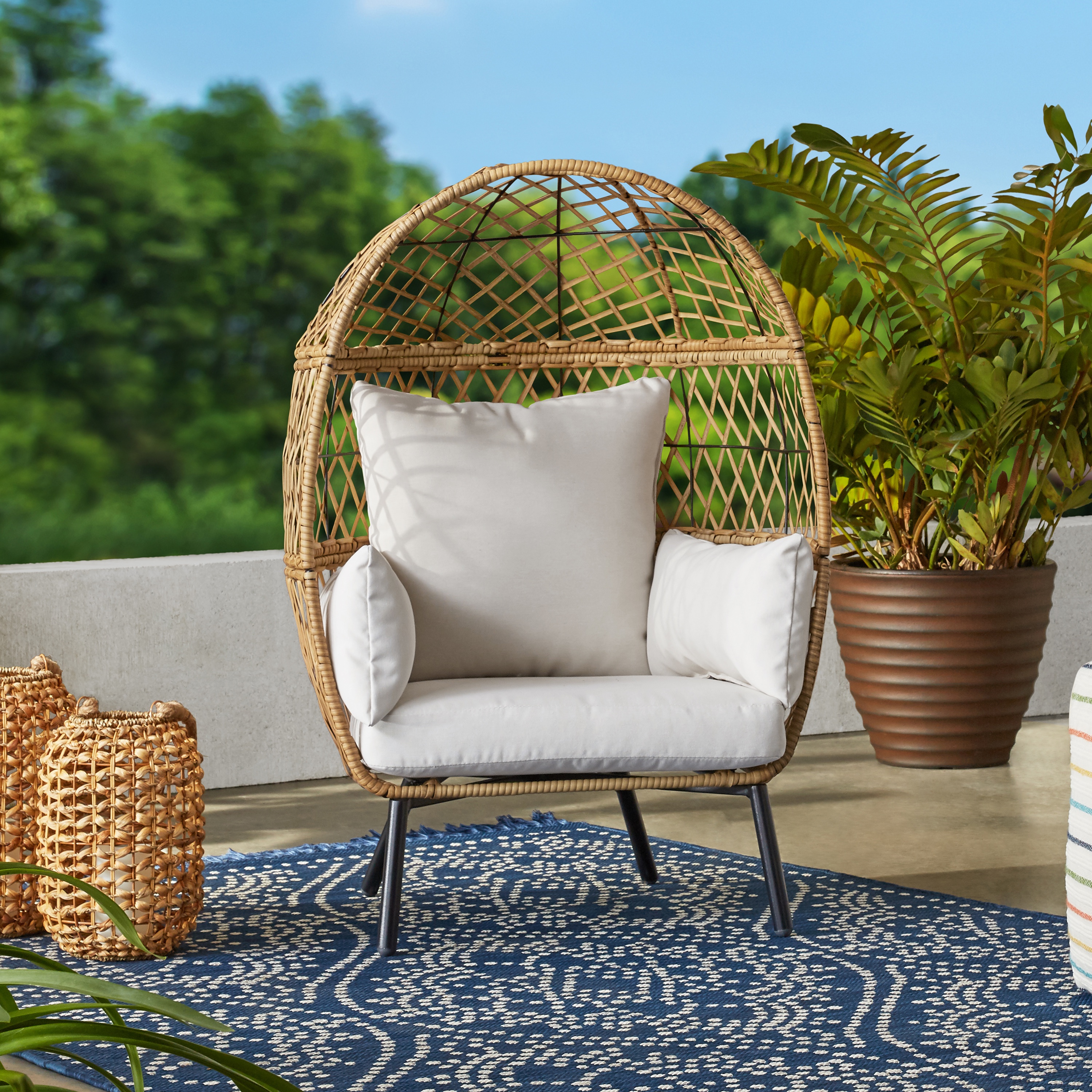 Better Homes & Gardens Kid's Ventura Outdoor Wicker Stationary Egg Chair with Cream Cushions - image 1 of 8