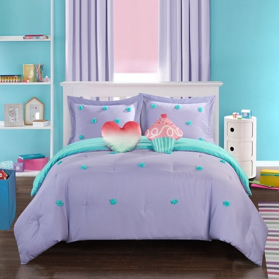 Better Homes & Gardens Kids Pom Pom Comforter Set with Two Decorative Pillows, Twin, Lavender, Polyester