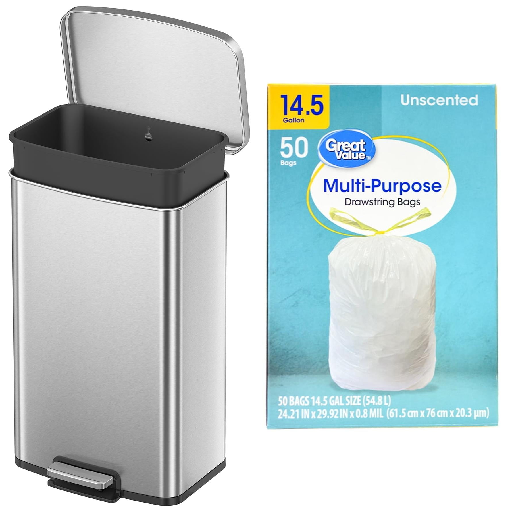 Better Homes & Gardens Kitchen Trash Can, 13.2 Gallon Stainless Steel Step Garbage Bin with Trash Bag