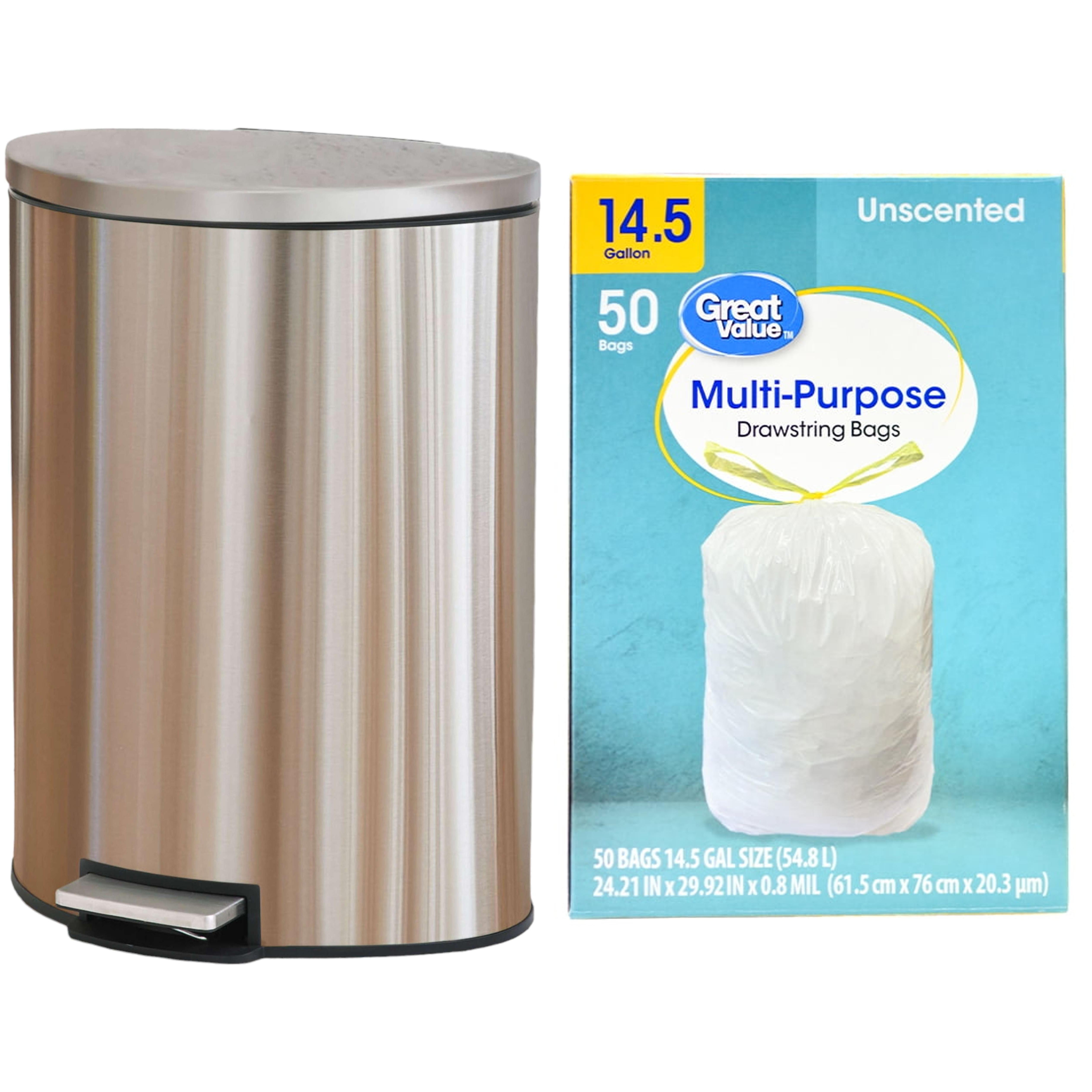 Better Homes & Gardens Kitchen Trash Can, 14.5 Gallon Stainless Steel Semi Round Step Garbage Bin with Trash Bag