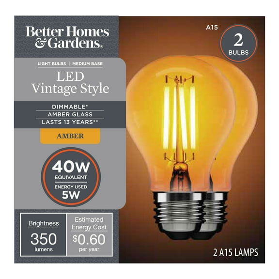 Better Homes & Gardens LED Vintage Light Bulb, A15 40W Amber Classic Filament, E26, Dim - 4 Pk