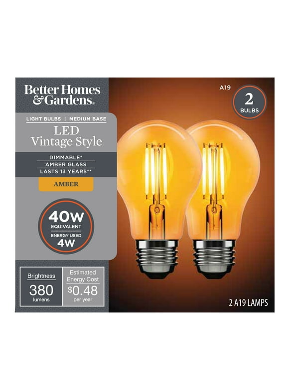 Better Homes & Gardens LED Vintage Light Bulb, A19 40 Watts Amber Classic Filament, E26, Dim - 4 Pk
