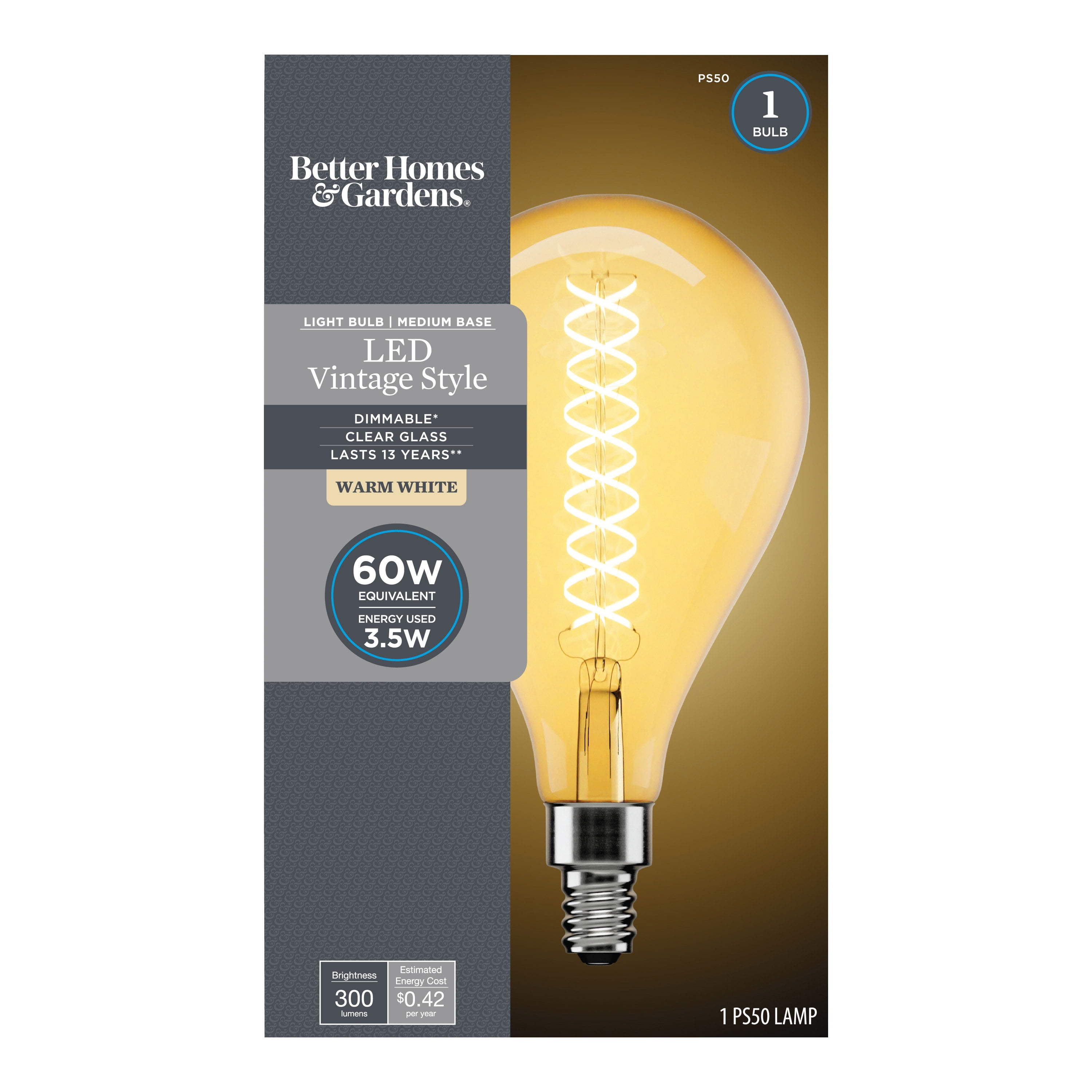 Better Homes & Gardens LED Vintage Light Bulb, PS50 60 Watts Better Homes & Gardens LED Vintage Light Bulb, PS50 60 Watts