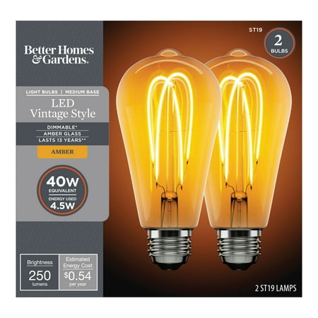 Better Homes & Gardens LED Vintage Light Bulb, ST19, 40 W Equivalent, E26 Medium Base, Dimmable, Amber Double Hoop Filament, 2-Pack