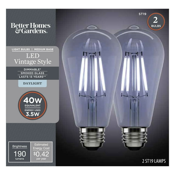 Better Homes & Gardens LED Vintage Light Bulb, ST19 40 W, Smokey Classic Filament, E26, Dim - 2 Pk
