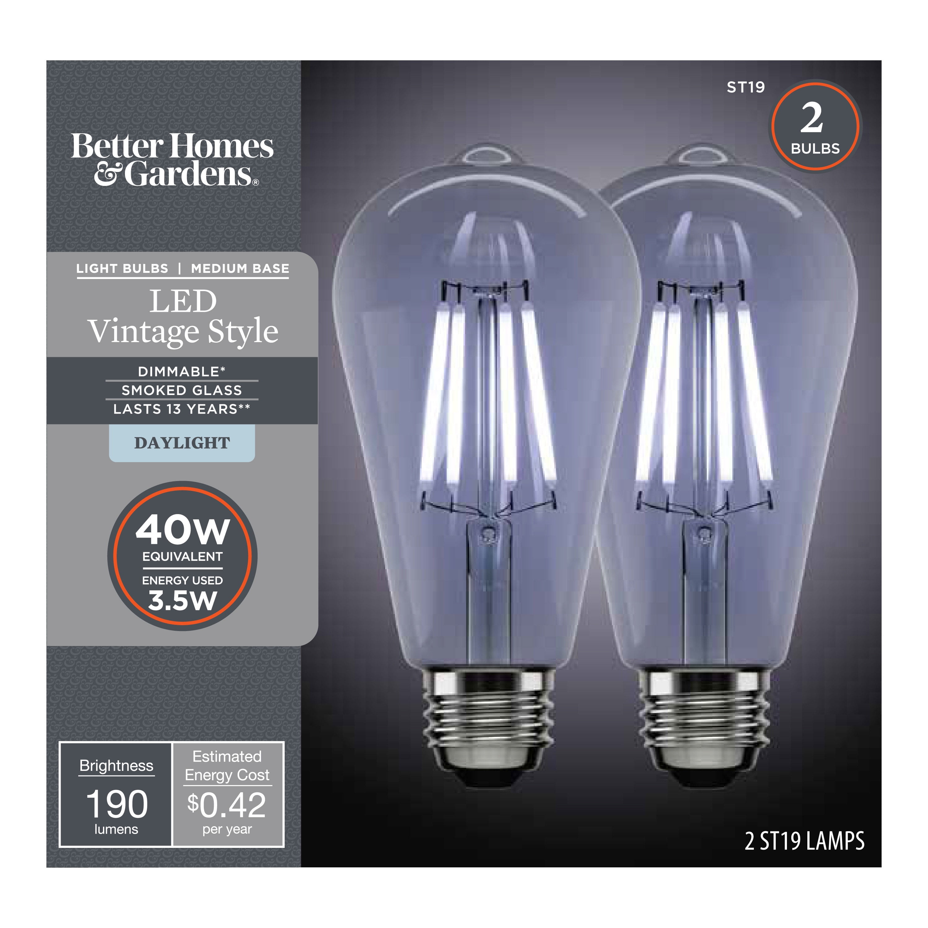 Better Homes & Gardens LED Vintage Light Bulb, ST19 40 Watts Smoke Classic Filament, E26, Dim - 4 Pk Better Homes & Gardens LED Vintage Light Bulb, ST19 40 Watts Smoke Classic Filament, E26, Dim - 4 Pk