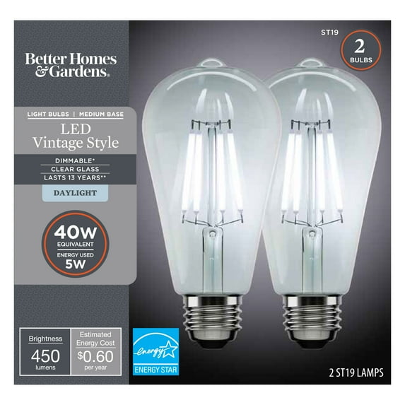 Better Homes & Gardens LED Vintage Light Bulb, ST19 40W Daylight Classic Filament, E26, Dim - 4 Pk