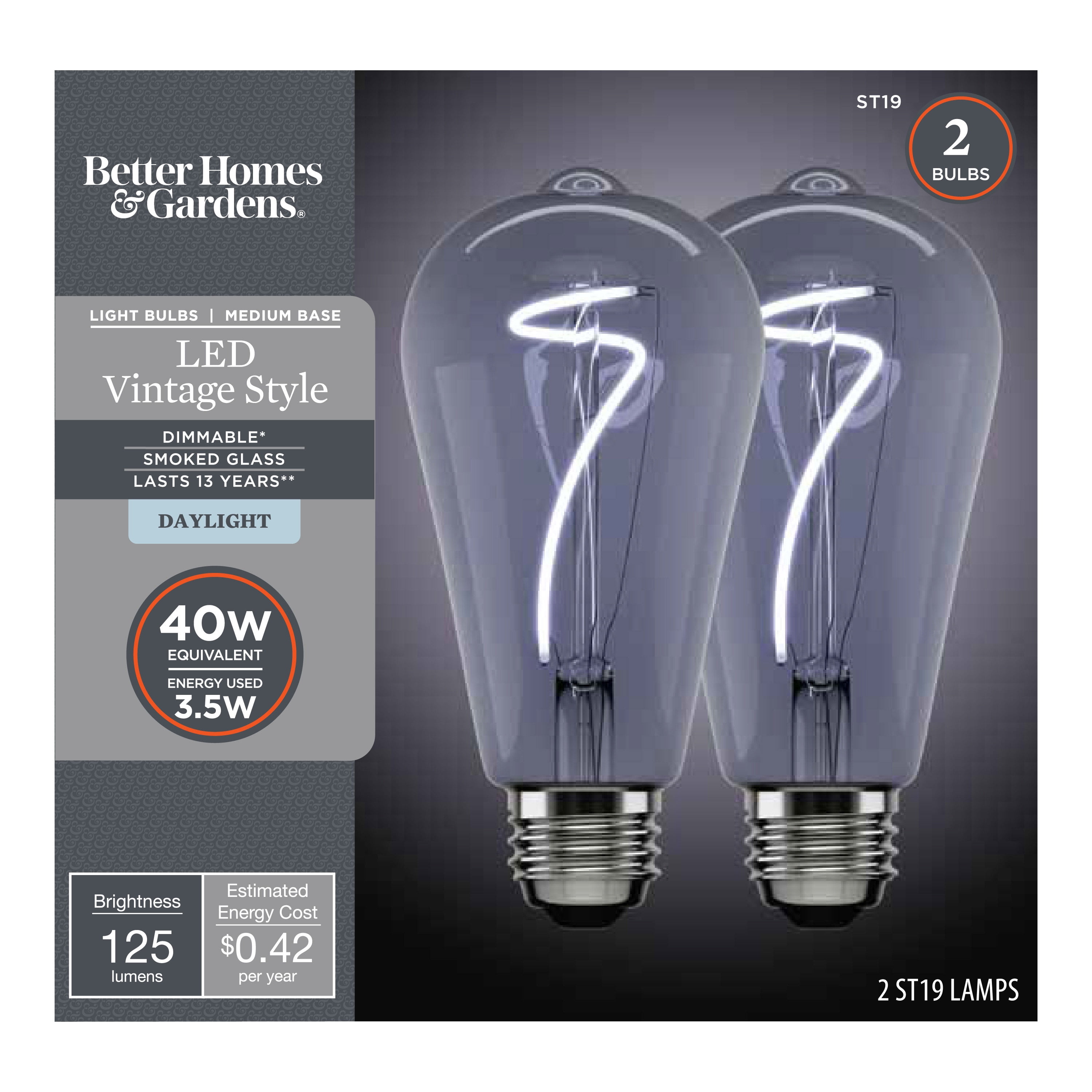 Better Homes & Gardens LED Vintage Light Bulb, ST19 40W Smoke Spiral Filament, E26, Dimmable - 4 Pk