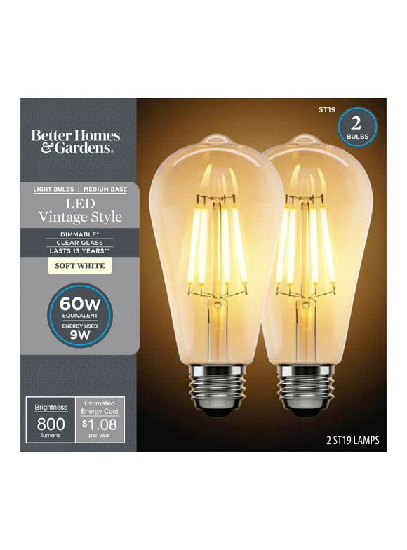 Better Homes & Gardens LED Vintage Light Bulb, ST19 60W Eqv, Soft White Classic Filament, E26, Dim - 2 Pk
