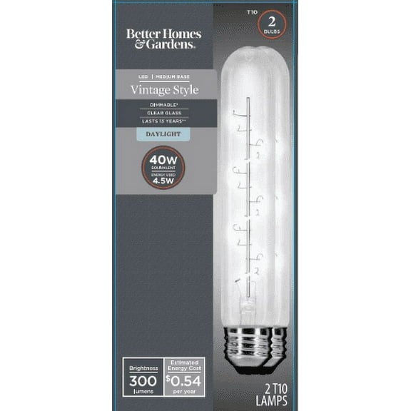 Better Homes & Gardens LED Vintage Light Bulb, T10, 40W Eqv, Daylight Spiral Filament, E26, Dim - 2 Pk