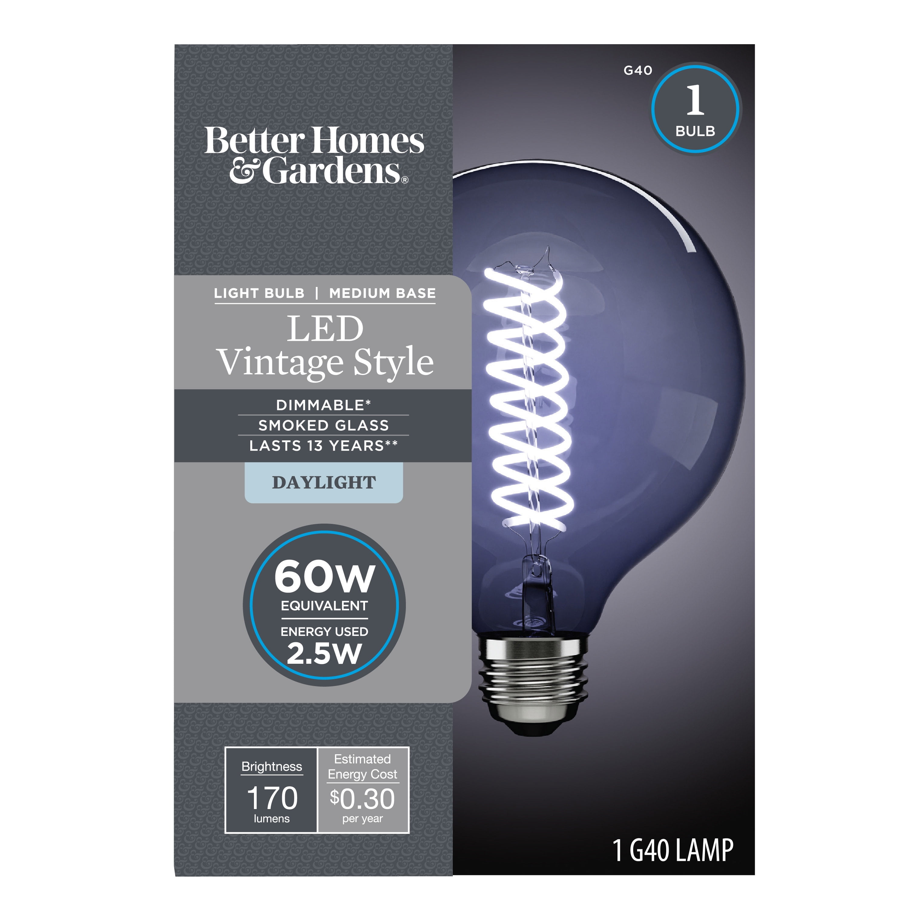 Better Homes & Gardens LED Vintage Style Light Bulb, G40 60 Watts Smoke