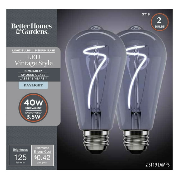 Better Homes & Gardens LED Vintage Style Light Bulb, ST19 40W Smoke Spiral Filament, E26, Dim - 2 Pk