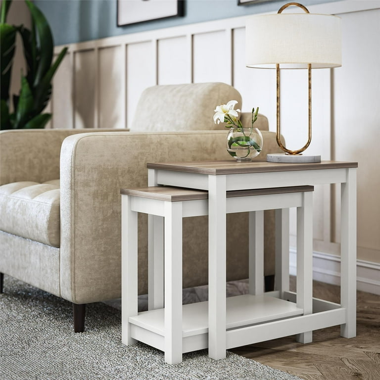 Better Homes Gardens Langley Bay Rustic Farmhouse Nesting Table 2 Piece Set White with Brown Oak Top