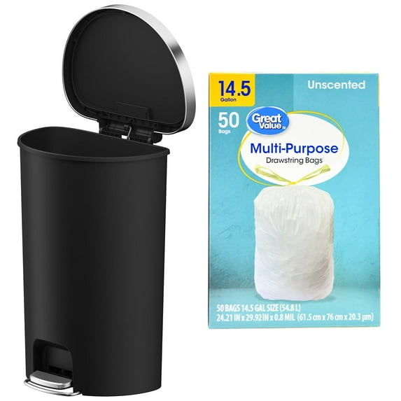 Better Homes & Gardens Large Kitchen Trash Can, 14.5 Gallon Plastic Semi Round Step Black Garbage Bin with Trash Bag