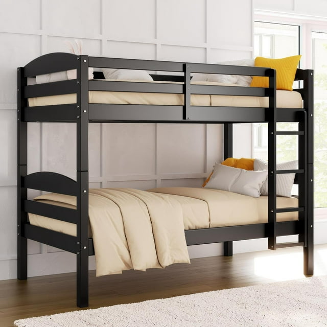 Better Homes & Gardens Leighton Kids Solid Wood Twin-over-Twin Convertible Bunk Bed with Ladder and Guardrails, Black