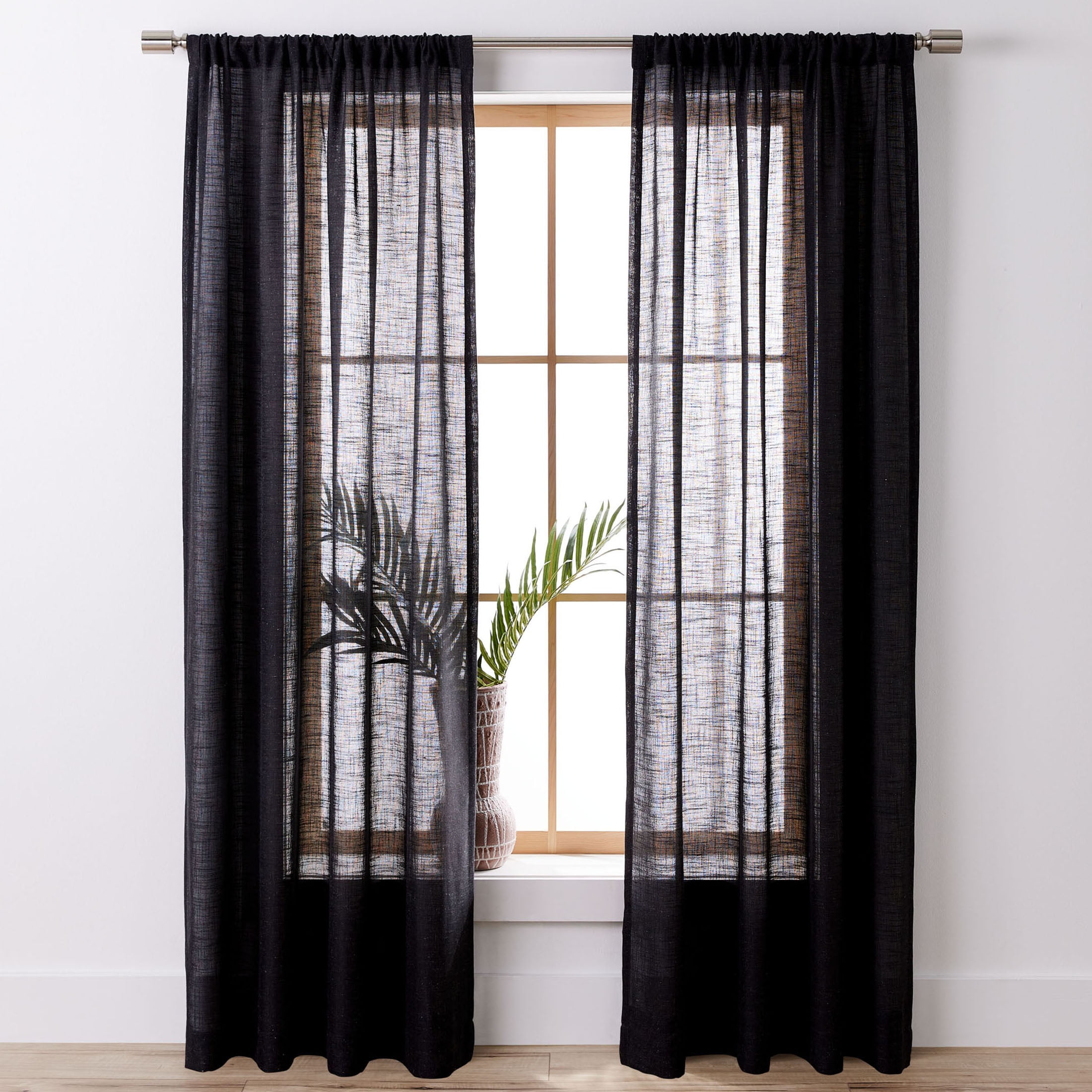 Better Homes & Gardens Light Filtering Linen Blend Rod Pocket Curtain, Single Panel, Rich Black, 50" W x 95" L
