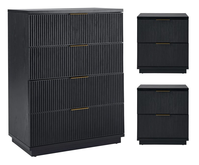 Better Homes & Gardens Lillian 4 Drawer Dresser and 2 Nightstands Bedroom Set, Black Wood