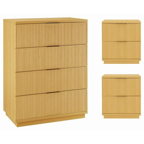 Better Homes & Gardens Lillian 4 Drawer Dresser and 2 Nightstands Bedroom Set, Natural Pine