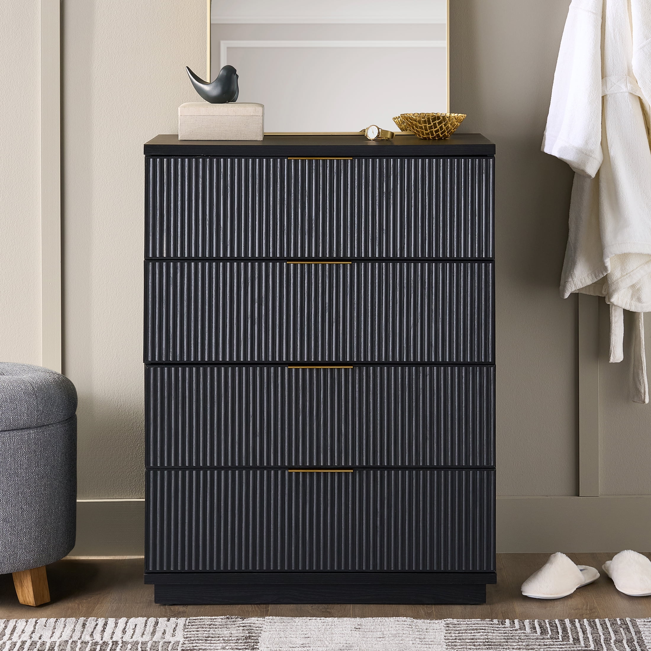 Better Homes & Gardens Lillian Fluted 4Drawer Dresser for Bedroom , Rich Black Finish  (图1)