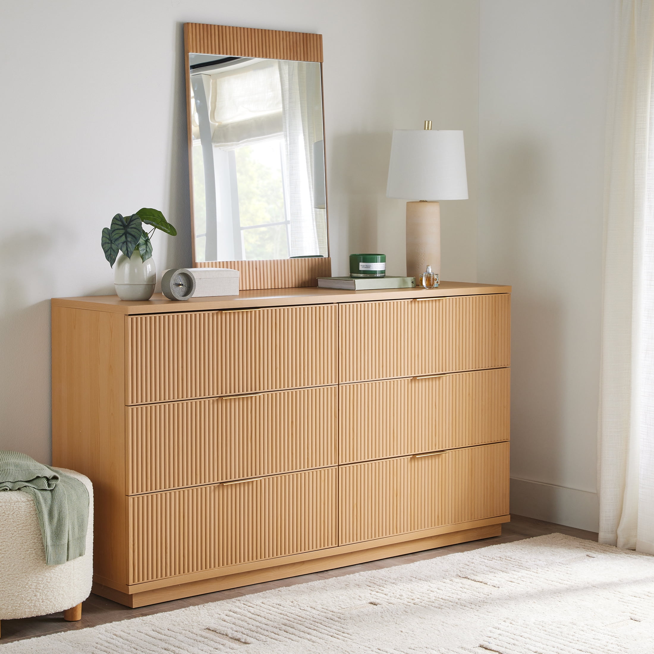 Walmart sales :  Better Homes & Gardens Lillian Fluted 6 Drawer Dresser, Natural Pine Finish