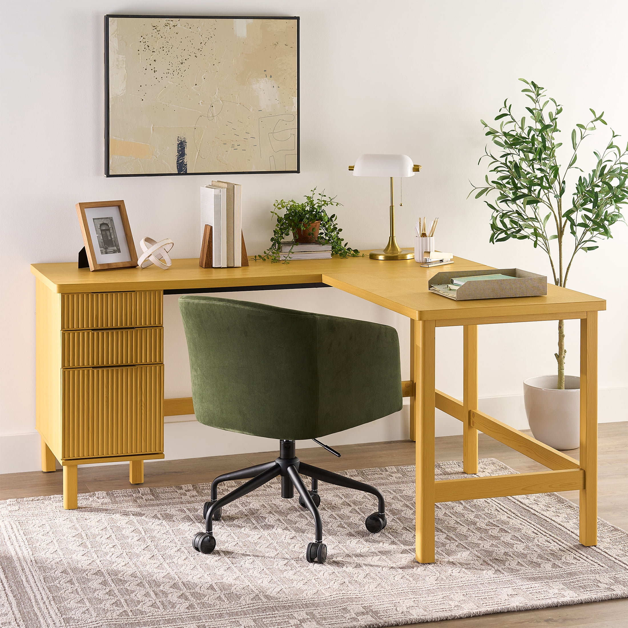 Better Homes & Gardens Lillian Fluted L-Shape Desk, Natural Pine