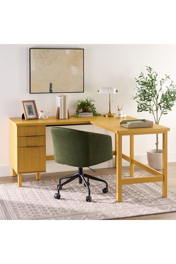 Lillian Fluted L-Shape Desk, Natural Pine Finish