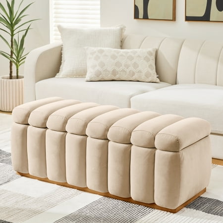 Better Homes & Gardens Lillian Channel Tufted Storage Bench, 47.24 in, Beige Velvet