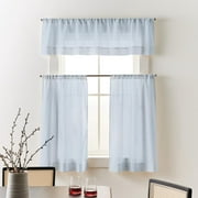 Better Homes & Gardens Linen Blend Light Filtering Rod Pocket Kitchen Curtain Tier and Valance Set, 3 Piece, Blue Water, 60 x 36