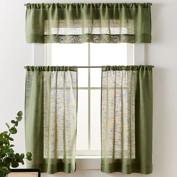 Better Homes & Gardens Linen Blend Light Filtering Rod Pocket Kitchen Curtain Tier and Valance, Set of 3, Dark Cilantro, 60 W x 36 L