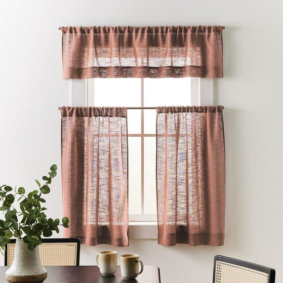 Better Homes & Gardens Linen Blend Light Filtering Rod Pocket Kitchen Curtain Tier and Valance, Set of 3, Old Rose, 60 W x 36 L