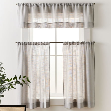 Better Homes & Gardens Linen Blend Light Filtering Rod Pocket Kitchen Curtain Tiers and Valance, Set of 3, Soft Silver, 60 W x 36 L