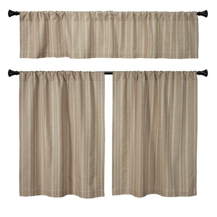 Better Homes & Gardens Luna Pick Stitch Stripe Kitchen Curtain Tiers and Valance, 3-Piece Set, Brown, 60" W x 36" L