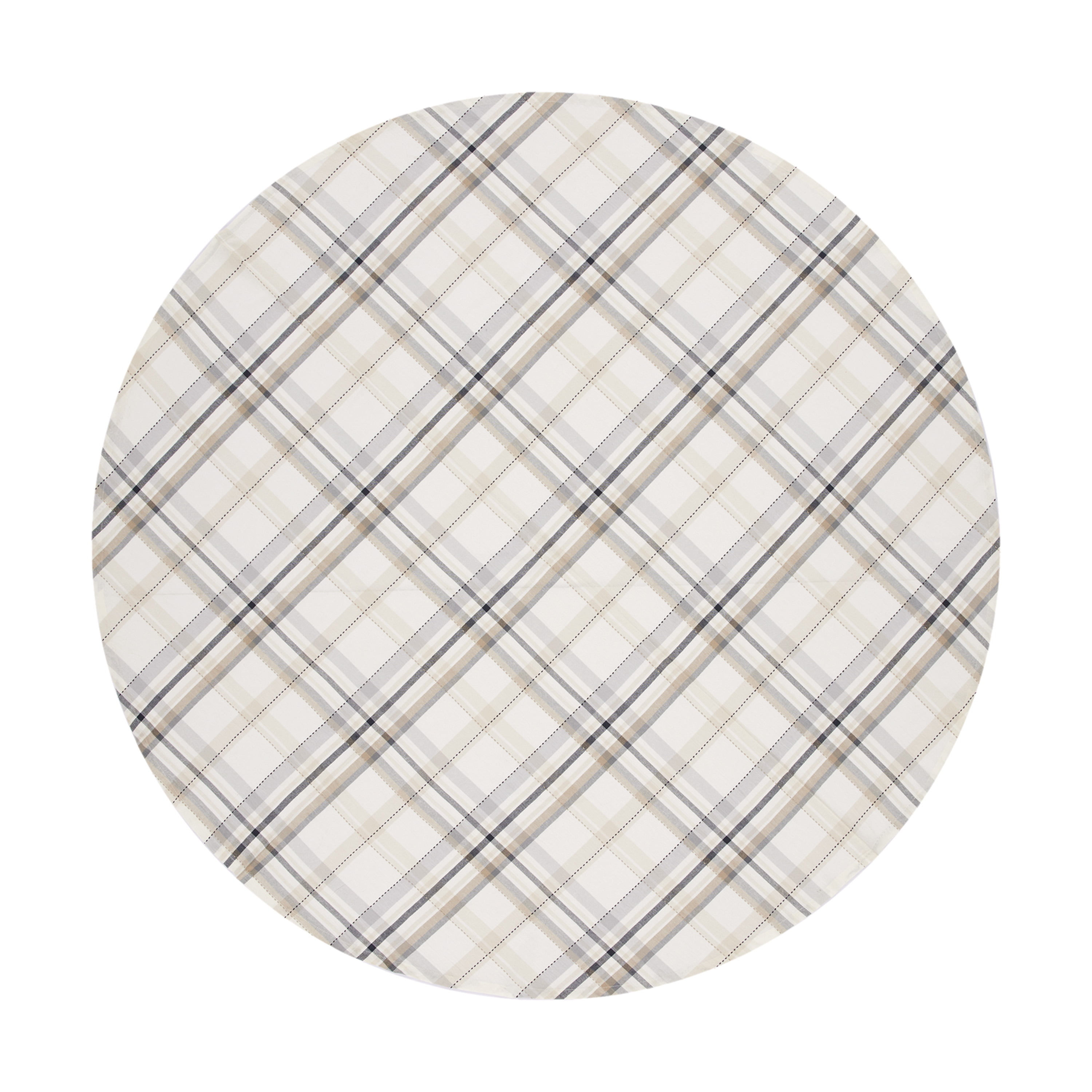 70'' Round Beige and Gray Plaid Cotton Tablecloth