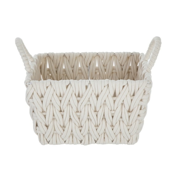 Better Homes & Gardens Medium White Woven Rope Decorative Storage Basket with Handles, 14.3 in x 11 in x 9 in