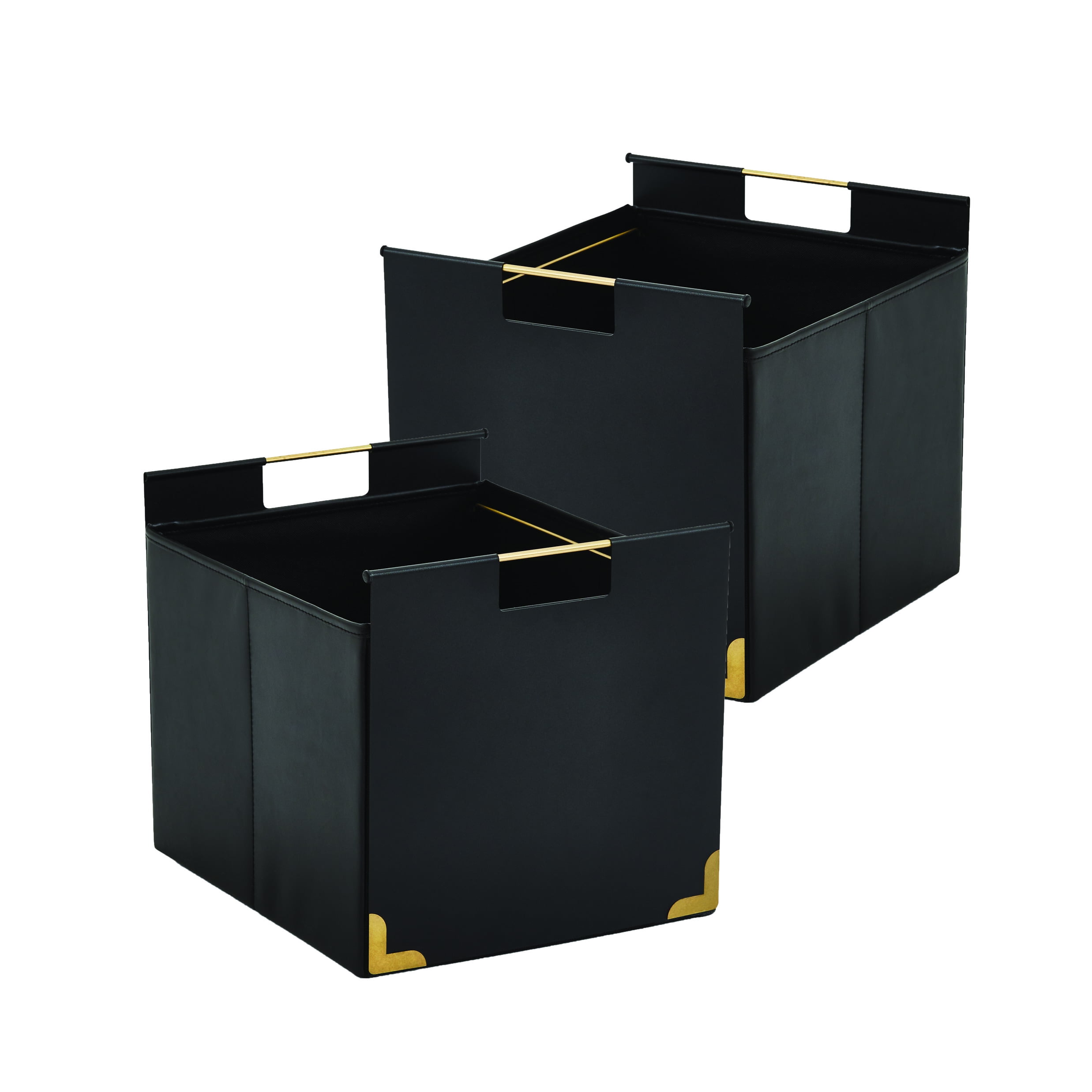 Black Foldable File Storage Box with Lid, Gold Accents, and Metal