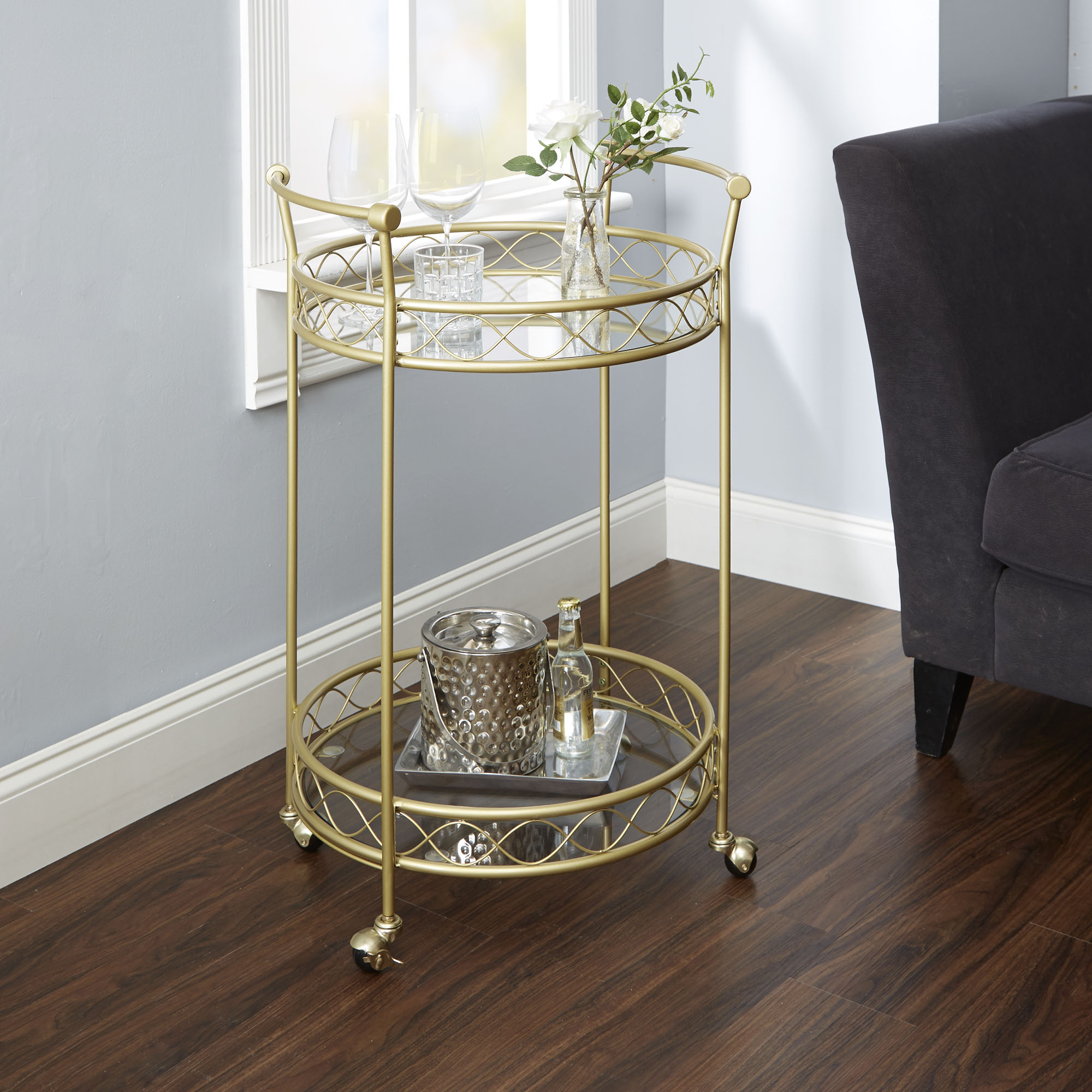 Better Homes & Gardens Mirabella Gold Metal Serving Barcart with Glass Shelves - image 1 of 3