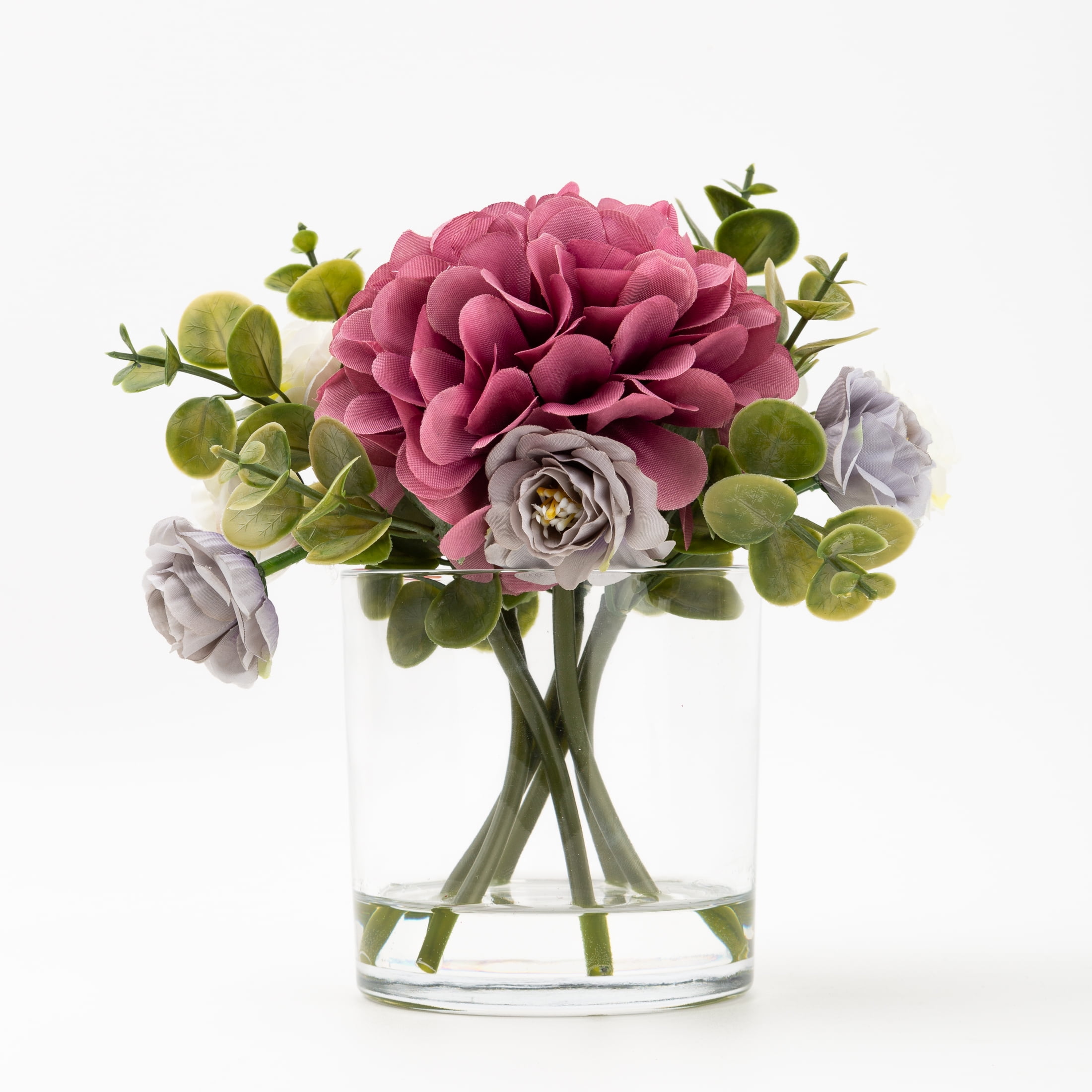 Mixed Faux Hydrangea and Eucalyptus Arrangement in Clear Glass Vase