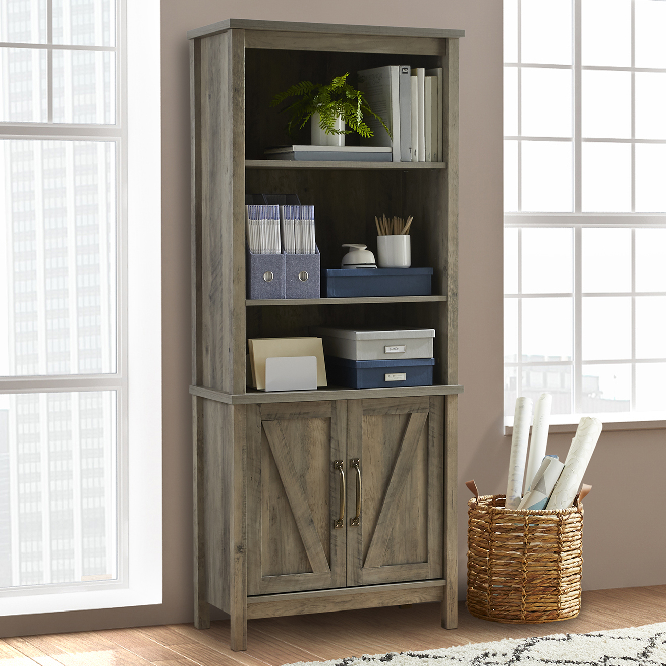 Better Homes & Gardens Modern Farmhouse 5 Shelf Library Bookcase with Doors, Rustic Gray Finish - image 1 of 16