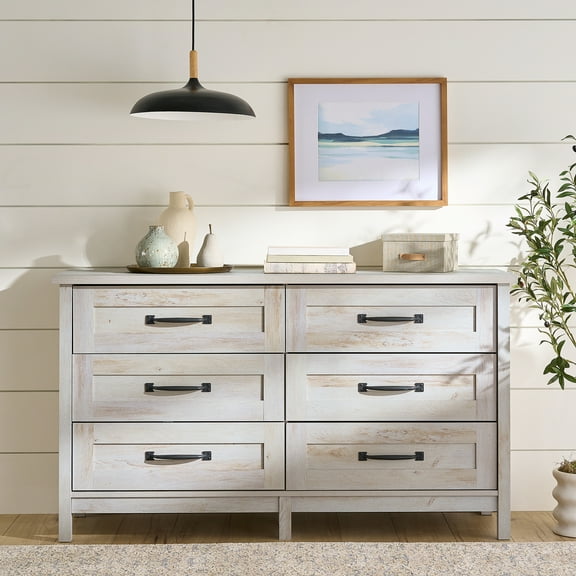 Better Homes & Gardens Modern Farmhouse 6-Drawer Dresser, Rustic White Finish