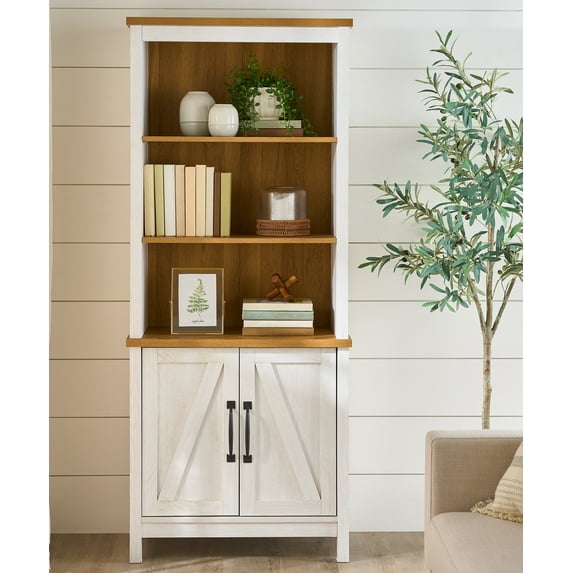 Better Homes & Gardens Modern Farmhouse Bookcase with Doors, Alabaster and Light Honey Finish