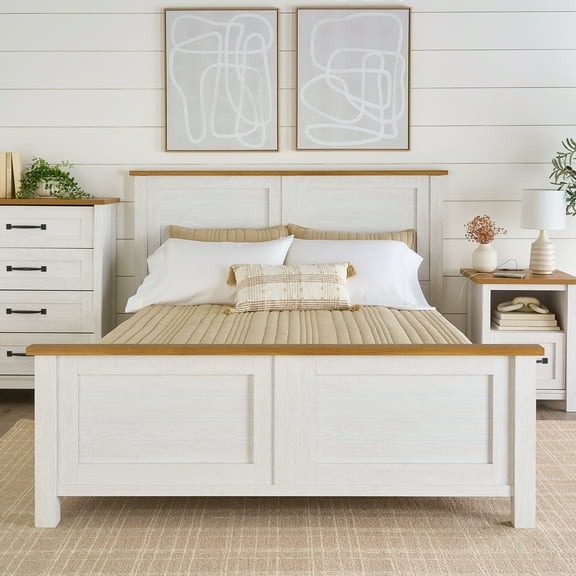 Better Homes & Gardens Modern Farmhouse Queen Platform Bed, Alabaster and Light Honey Finish
