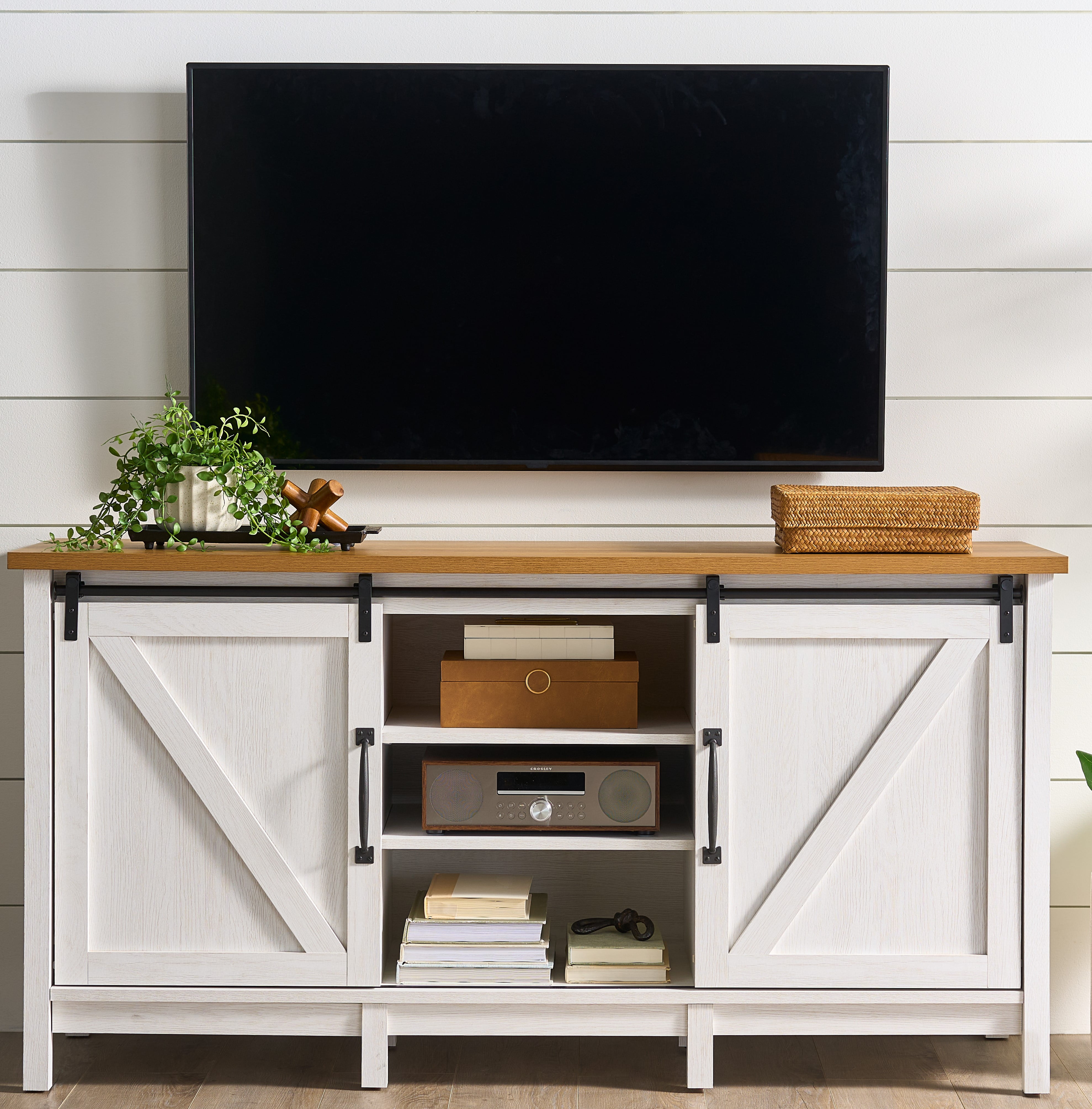 Better Homes & Gardens Modern Farmhouse TV stand for TV's up to 70", Alabaster and Light Honey Finish
