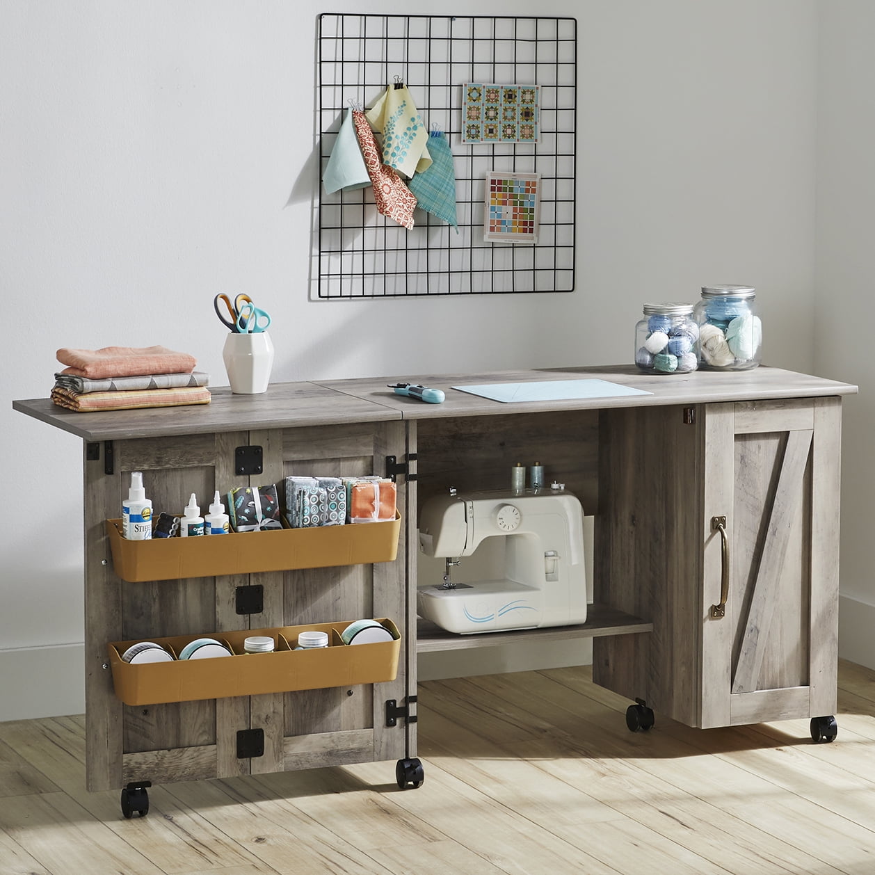 Wood Foldable Sewing Table With Multiple Storage Bins