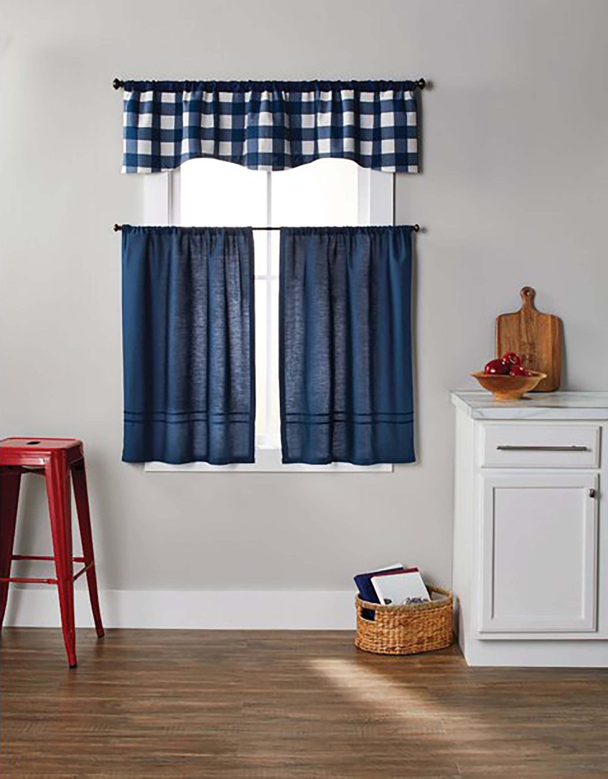 Better Homes & Gardens Checks N Solids Gingham Check Light Filtering Rod Pocket Kitchen Curtain Tier and Valance Set, 3 Piece, Blue, 60 x 36