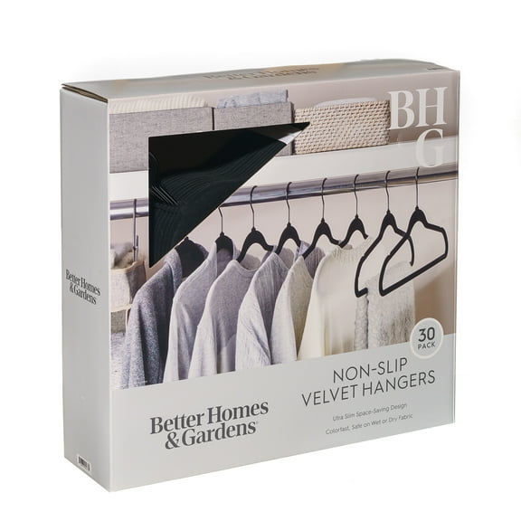 Better Homes & Gardens Non-Slip Velvet Adult Clothing Hangers, 30 Pack, Black, Space Saving