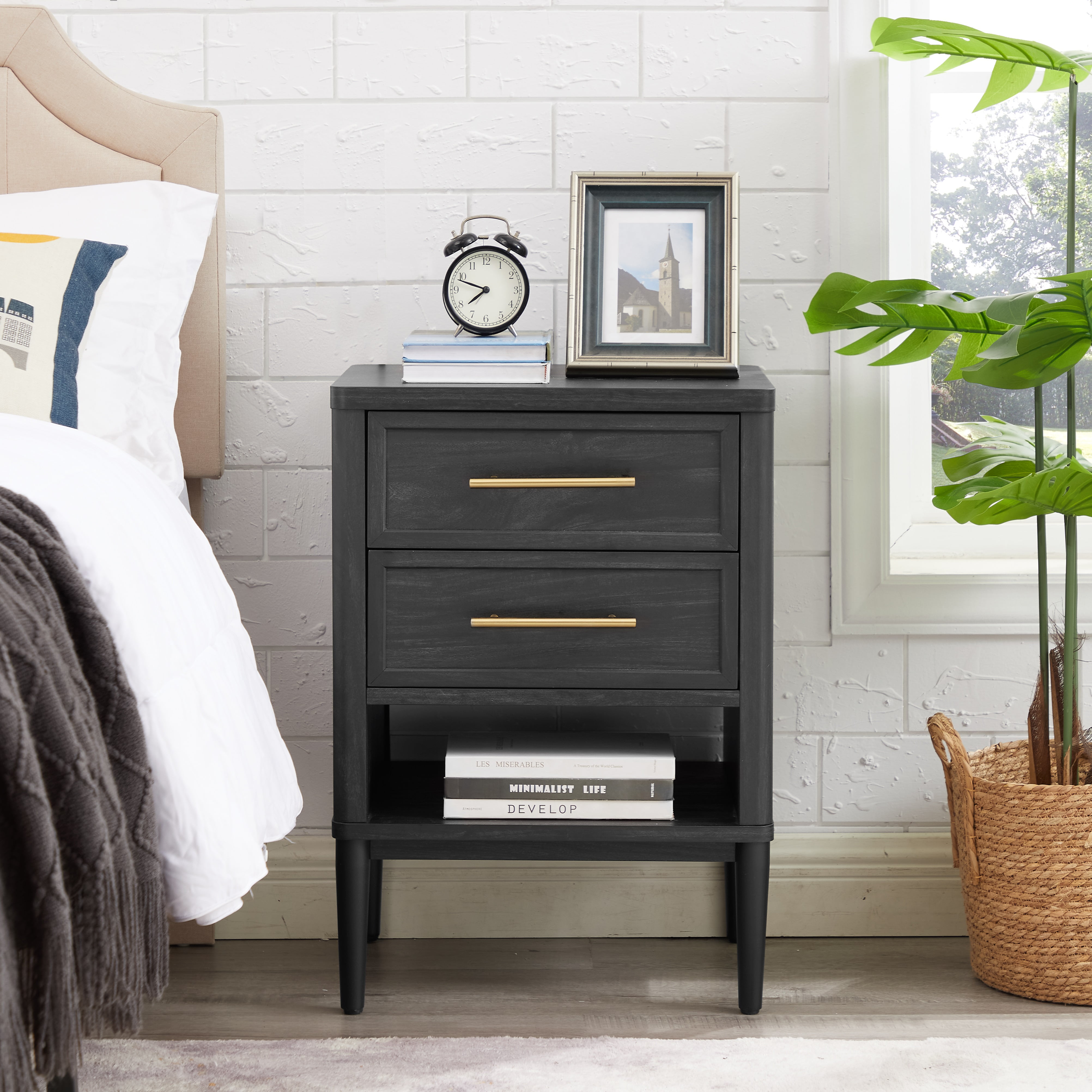 Better Homes & Gardens Oaklee 2 Drawer Nightstand for bedroom ,Charcoal  Finish
